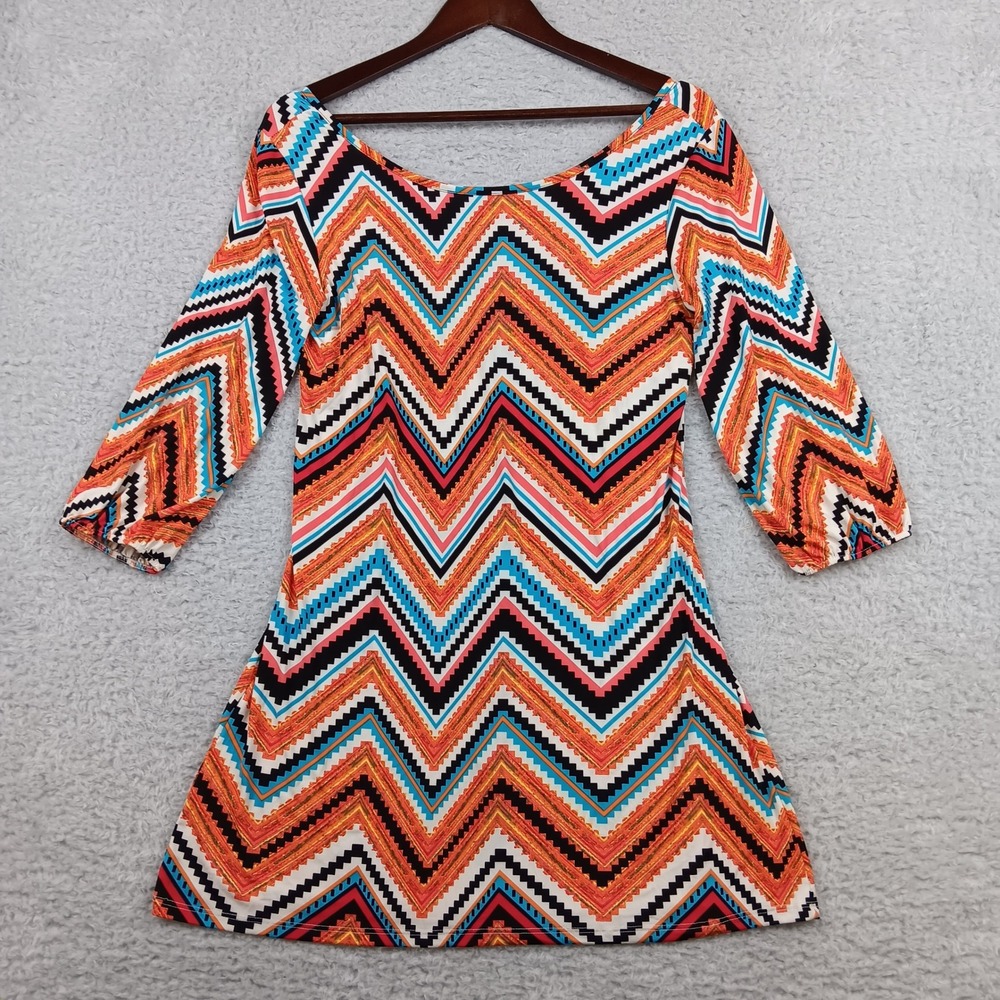 So Style Dress Mini Women L Multicolor Chevron Geometric Zip Back DG1826